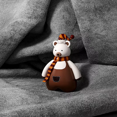 Polar Bear Plush Toy Wearing Striped Scarf And Hat On Gray Fabric Background 3d model