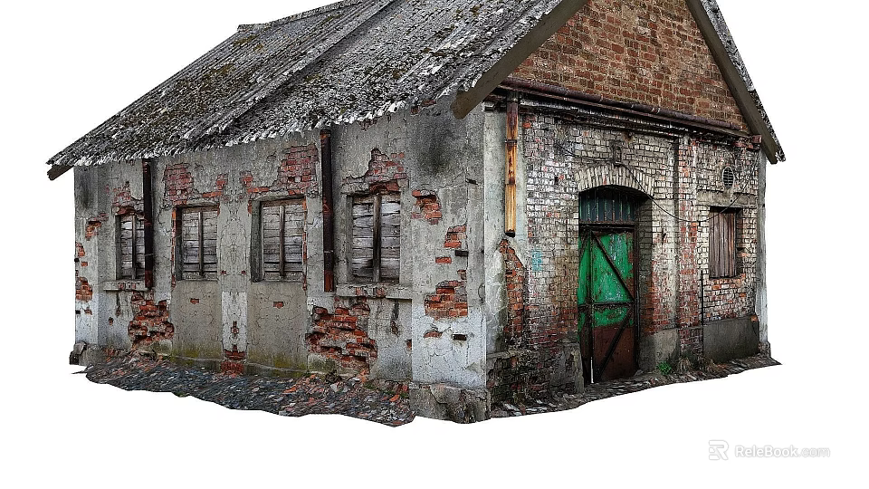 Old Industrial Factory Building with Weathered Roof Red Brick Plaster Walls Peeling Sections and Green Door 3d model 