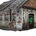 Old Industrial Factory Building with Weathered Roof Red Brick Plaster Walls Peeling Sections and Green Door