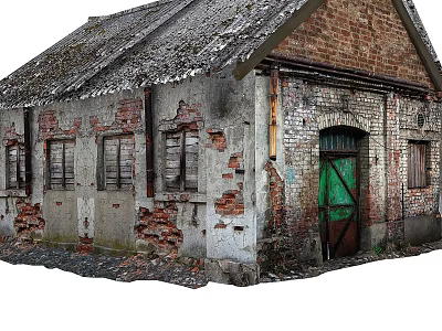 Old Industrial Factory Building with Weathered Roof Red Brick Plaster Walls Peeling Sections and Green Door 3d model
