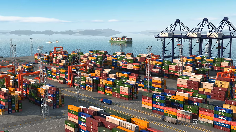 Scenic Container Port View With Colorful Containers Cargo Ship Cranes Sea And Mountains 3d model 
