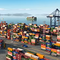 Scenic Container Port View With Colorful Containers Cargo Ship Cranes Sea And Mountains