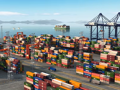 Scenic Container Port View With Colorful Containers Cargo Ship Cranes Sea And Mountains 3d model
