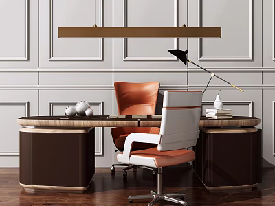 Modern Office Desk With Orange White Chairs Black Lamp And Paneled Walls 3d model