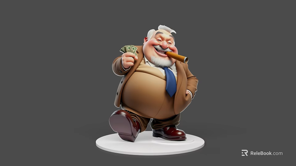 Smiling Chubby Game Movie Character in Brown Suit Blue Tie Holding Dollar Bills Smoking Cigar 3d model 