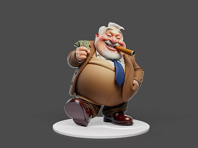 Smiling Chubby Game Movie Character in Brown Suit Blue Tie Holding Dollar Bills Smoking Cigar 3d model