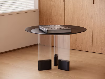 Modern Circular Side Table With Transparent Legs And Black Bases In Room With Wooden Cabinets And Floor 3d model
