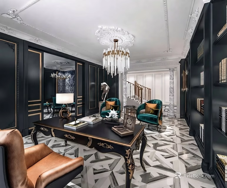 Elegant Luxury Study Room Interior With Black Desk Green Chairs And Chandelier 3d model 