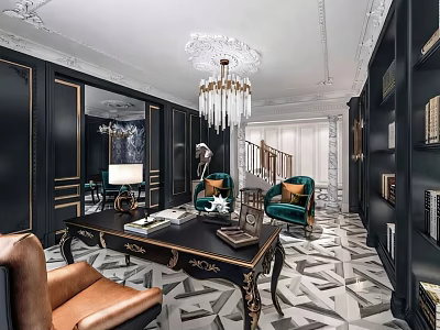 Elegant Luxury Study Room Interior With Black Desk Green Chairs And Chandelier 3d model