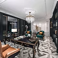 Elegant Luxury Study Room Interior With Black Desk Green Chairs And Chandelier
