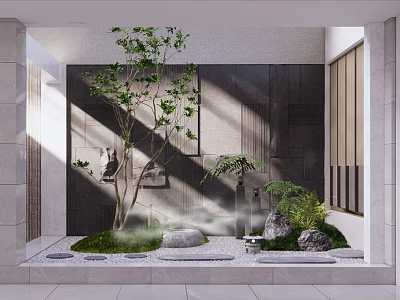 Indoor Landscape Interior With Sunlight Stone Wall Green Tree Ferns And Water Fountain 3d model