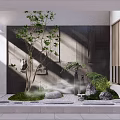 Indoor Landscape Interior With Sunlight Stone Wall Green Tree Ferns And Water Fountain