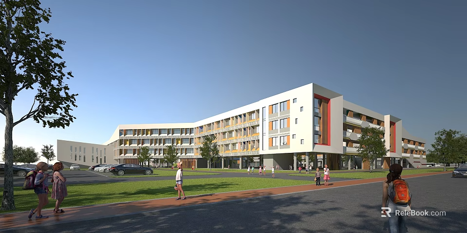 Modern White School Building With Red Accents Multi story Windows Lawn Trees And Pedestrians 3d model 