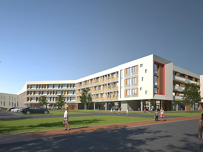 Modern White School Building With Red Accents Multi story Windows Lawn Trees And Pedestrians 3d model
