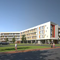 Modern White School Building With Red Accents Multi story Windows Lawn Trees And Pedestrians