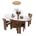 Wooden Oval Dining Table And Chairs Set With Black Seats Vase Dried Branches Pendant Light