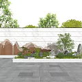 Modern Stone Landscape Wall with Laser-Cut Mountain Pattern and Greenery in Paved Plaza