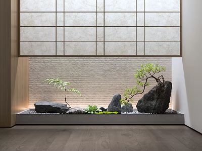 Japanese Zen Indoor Landscape With Stone Wall Green Plants Water Basin And Shoji Screen 3d model