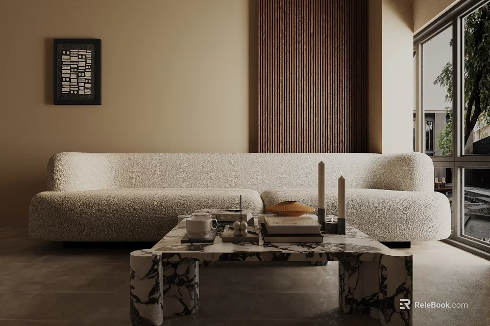 Plush Beige Three-Seater Sofa In Living Room With Marble Coffee Table And Wooden Panel Wall 3d model 