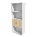 Modern White Bookcase With Wooden Cabinet Doors And Multiple Open Shelves
