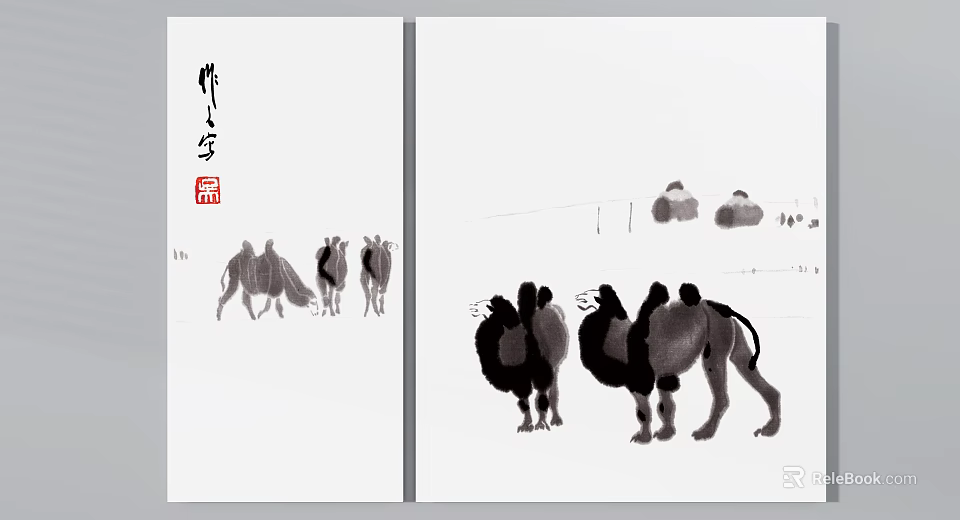 Chinese Ink Animal Painting Featuring Group of Camels in Traditional Brush Art Style 3d model 