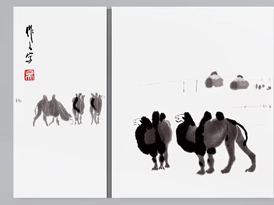 Chinese Ink Animal Painting Featuring Group of Camels in Traditional Brush Art Style 3d model