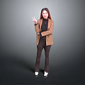 Woman In Brown Coat And Black Turtleneck Making Peace Sign On Gray Background
