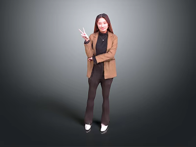 Woman In Brown Coat And Black Turtleneck Making Peace Sign On Gray Background 3d model