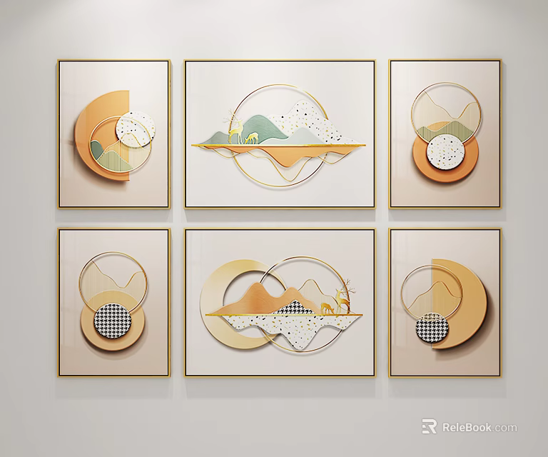 Modern Abstract Wall Art Set With Geometric Shapes And Natural Elements 3d model