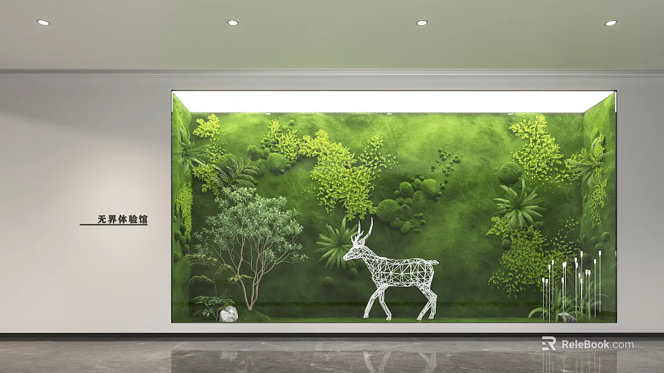 Indoor Living Plant Wall with White Deer Sculpture and Lush Green Foliage in Modern Interior 3d model 