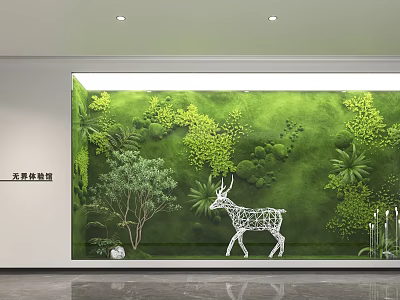 Indoor Living Plant Wall with White Deer Sculpture and Lush Green Foliage in Modern Interior 3d model