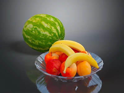Fresh Watermelon With Mixed Fruits In Glass Bowl On Table Surface 3d model