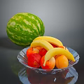 Fresh Watermelon With Mixed Fruits In Glass Bowl On Table Surface