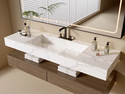 Elegant Washbasin Vanity with Marble Countertop Double Basin Faucet and Backlit Mirror 3d model