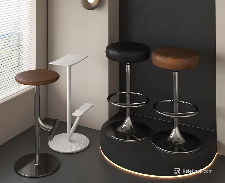 Modern Bar Stools With Leather And Wooden Seats And Metal Bases 3d model 