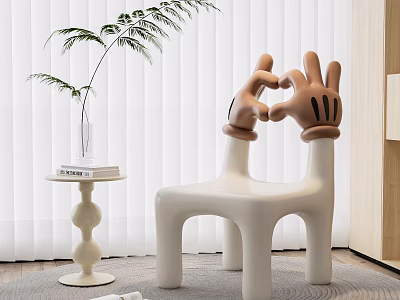 White Leisure Chair With OK Gesture Backrest In Modern Room With Green Plant Side Table 3d model