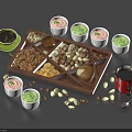 Food Display on Wooden Tray with Nuts Small Bowls Coffee and Bread