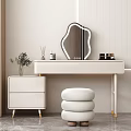 Modern White Dressing Table with Curved Mirror Stool Cosmetics and Potted Plant