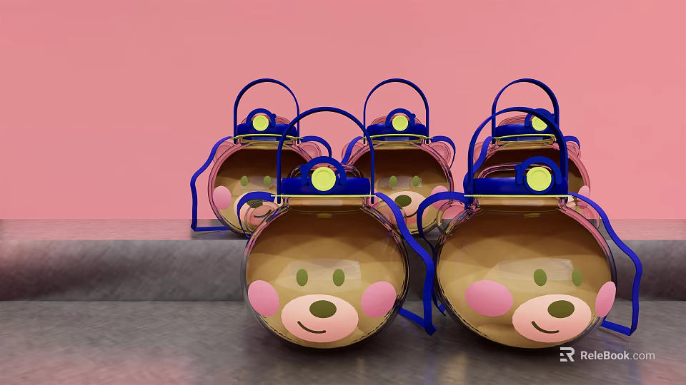 Cute Cartoon Bear Cups With Blue Handles And Yellow Dots On Pink Background Gray Platform 3d model 