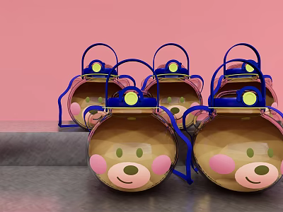 Cute Cartoon Bear Cups With Blue Handles And Yellow Dots On Pink Background Gray Platform 3d model