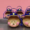 Cute Cartoon Bear Cups With Blue Handles And Yellow Dots On Pink Background Gray Platform