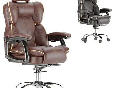 Stitched Leather Office Chair With High Back Armrests Swivel Base And Wheels 3d model
