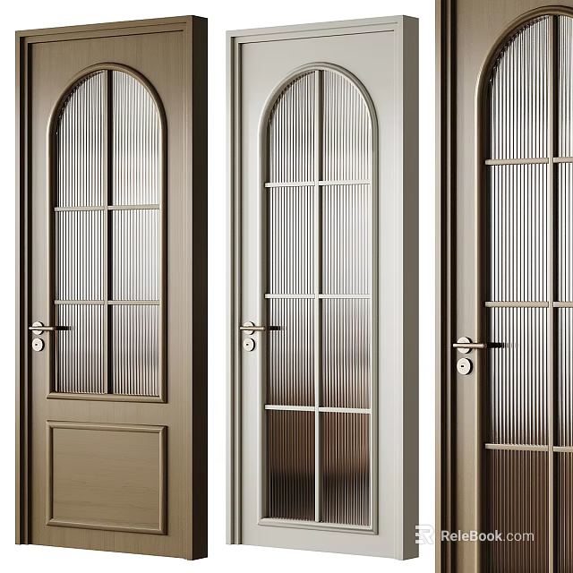 Modern Hinged Doors With Vertical Striped Glass Grilles And Metallic Handles For Interior 3d model 