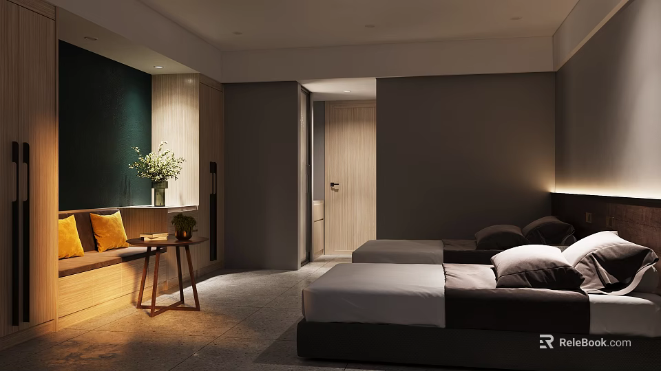 Modern Hotel Room Interior With Comfortable Bed Wooden Nightstand Bench And Soft Lighting 3d model 