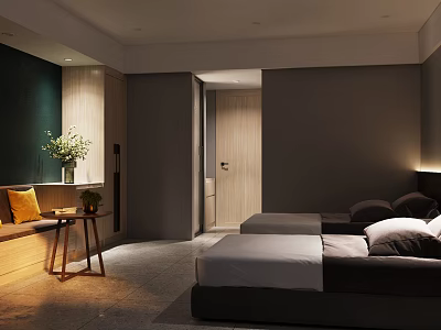 Modern Hotel Room Interior With Comfortable Bed Wooden Nightstand Bench And Soft Lighting 3d model
