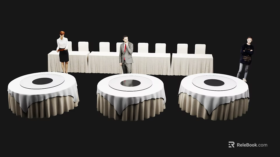 Modern Coffee Break Area Design With Round Tables White Tablecloths And Chairs 3d model 