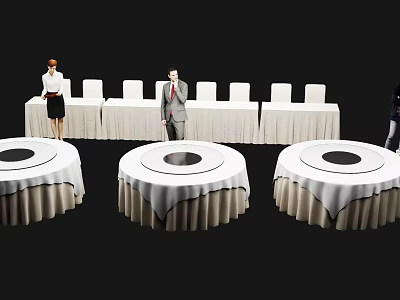 Modern Coffee Break Area Design With Round Tables White Tablecloths And Chairs 3d model