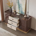 Elegant Dark Brown Storage Cabinet With Woven Drawer Panels Gold Base And Top Decorative Items