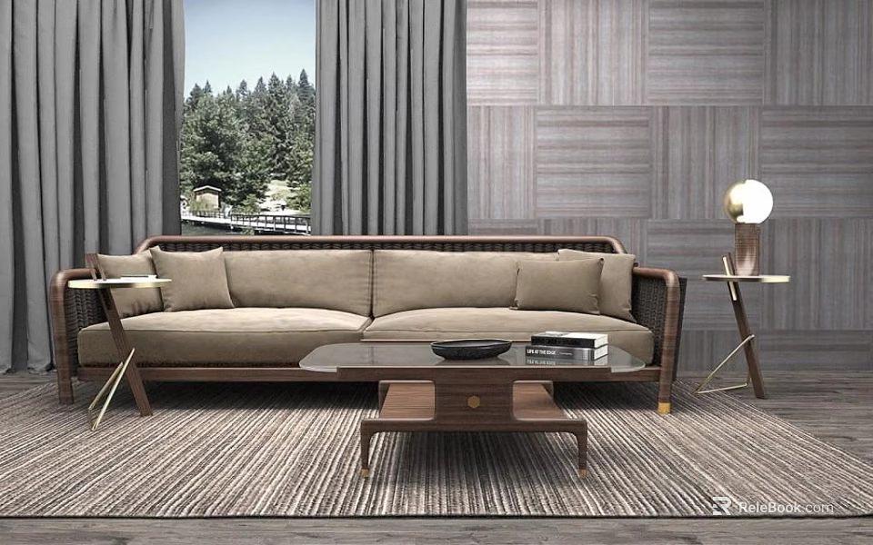 Comfortable Double Sofa with Forest View Through Window Wooden Wall Coffee Table and Rug 3d model 