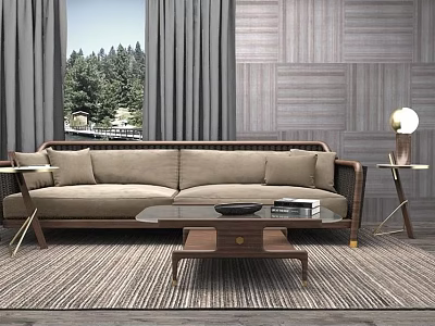 Comfortable Double Sofa with Forest View Through Window Wooden Wall Coffee Table and Rug 3d model